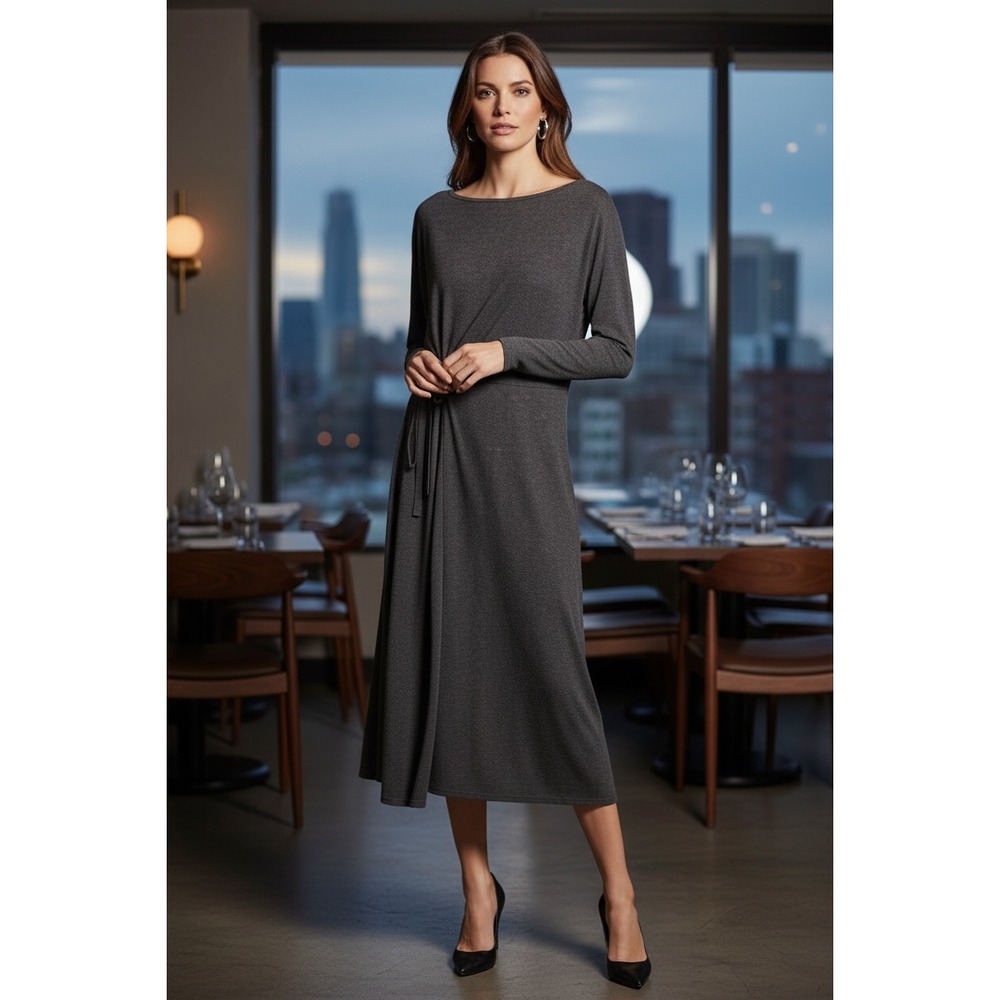 Caslon Womens Charcoal Grey Tie Waist Long Sleeve Boat Neck Midi Dress Sz M NEW